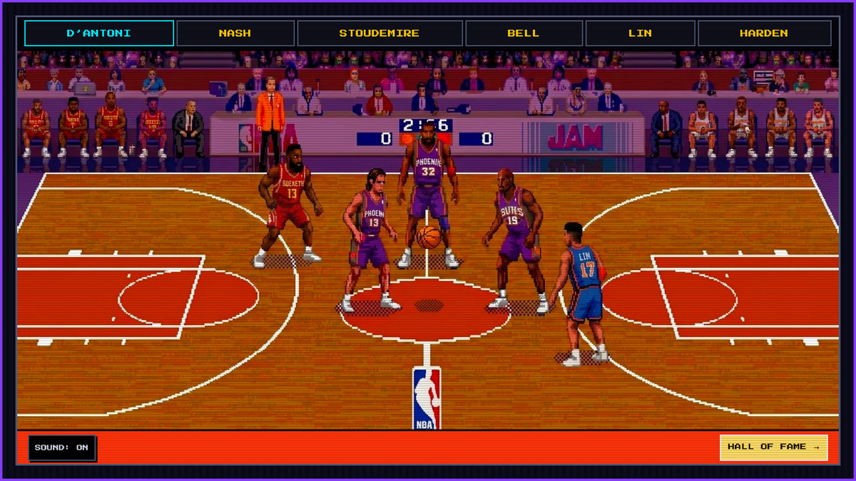 Seven Seconds &mdash; the pixel-art court, with the Suns roster tabbed across the top